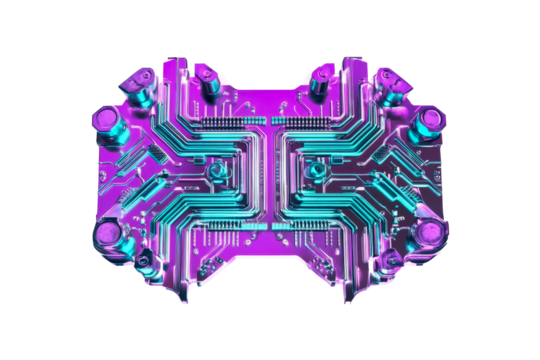 Iridescent circuit board showing complex connections, cut out transparent