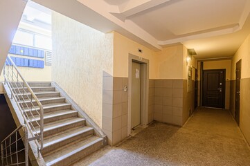 interior apartment public place, house entrance. doors, walls, staircase corridors