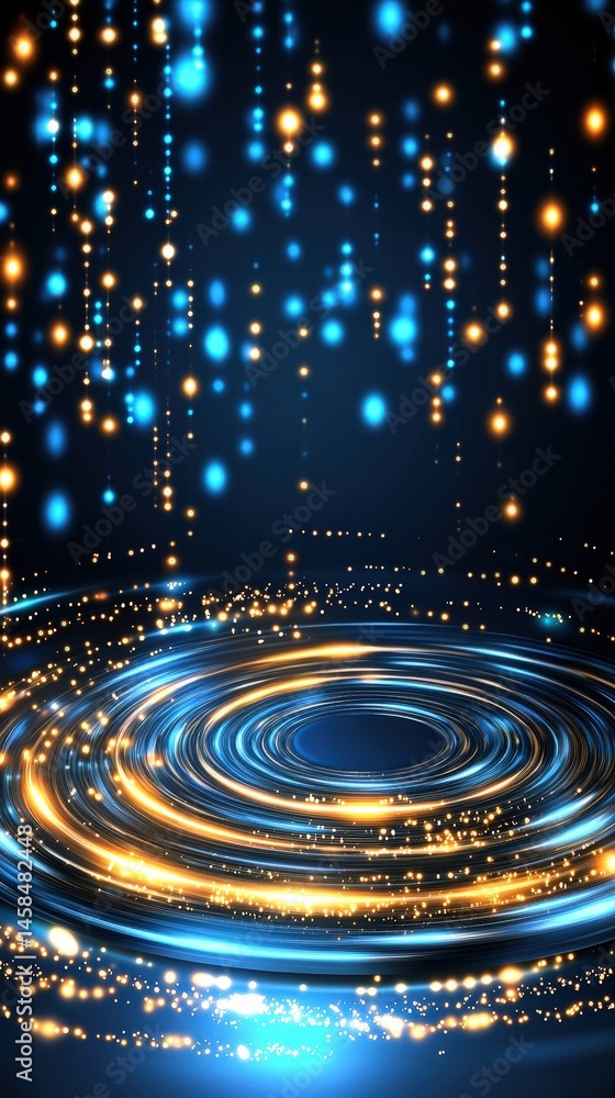 Poster abstract composition featuring blue and yellow background with vivid circles creating dynamic visual