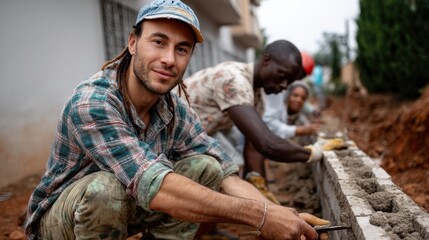 Diverse group of people working together on construction site, laying bricks and building wall outdoors