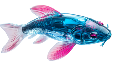 Translucent fish, clear blue aquatic form, pink fins, isolated, cut out transparent