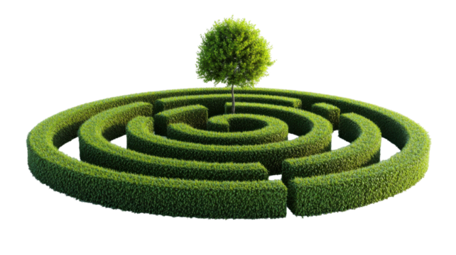 Circular Green Maze with High Hedges Spiraling Isolated on White Background Labyrinth Design for Puzzles, Challenges, and Outdoor Gardens
