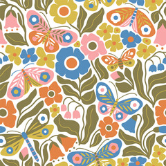 Seamless vector pattern with hand drawn butterfly, dragonfly on floral background. Modern boho floral illustration. Perfect for textile, wallpaper or nursery print design. EPS10 vector file.