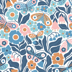 Seamless vector pattern with hand drawn butterfly, dragonfly on floral background. Modern boho floral illustration. Perfect for textile, wallpaper or nursery print design. EPS10 vector file.