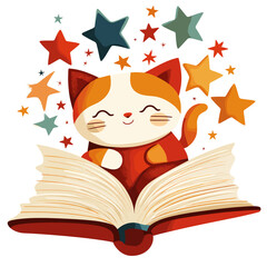 Cartoon vector illustration of a smiling kitten curled up in an open book with whimsical stars on white background