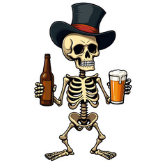 Skeleton character in a playful mood holding a beer and bottle on a transparent background