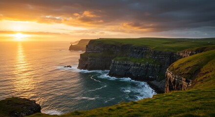 Dramatic Sea Cliffs Under Golden Sunset with Crashing Waves and Vivid Sky Generative Ai
