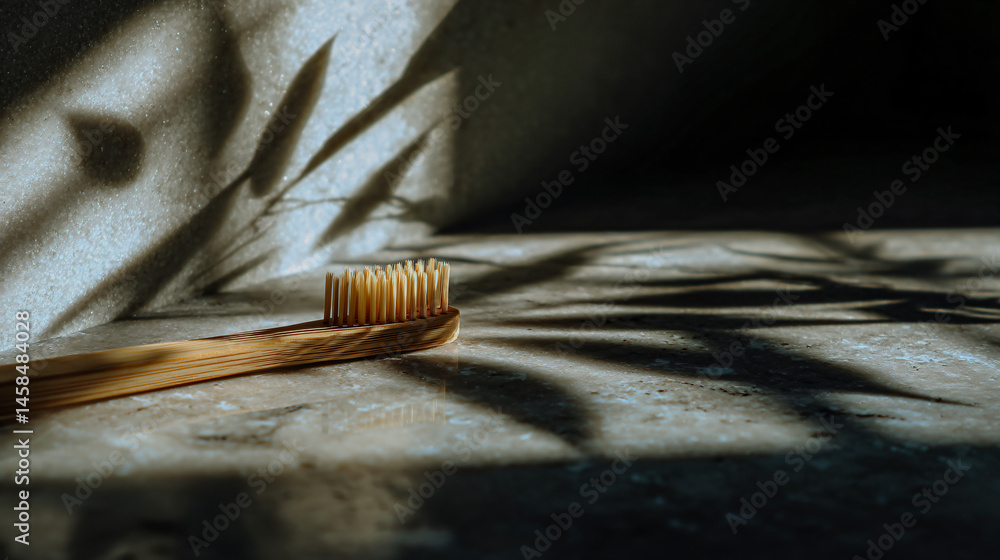 Poster minimalist bamboo toothbrush on a marble open with soft spark and shadows
