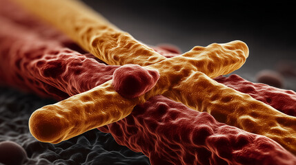 Rod-shaped Mycobacterium tuberculosis with waxy, lipid-rich cell walls under a microscope