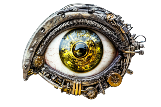 Mechanical eye structure with gears and metal, cut out transparent