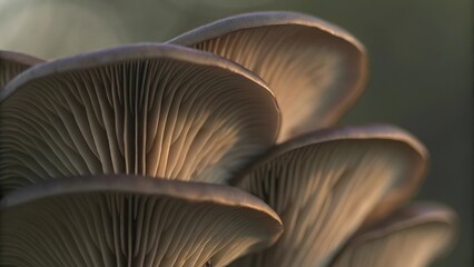 Close up view of oyster mushrooms showing gills and cap edges in soft lighting