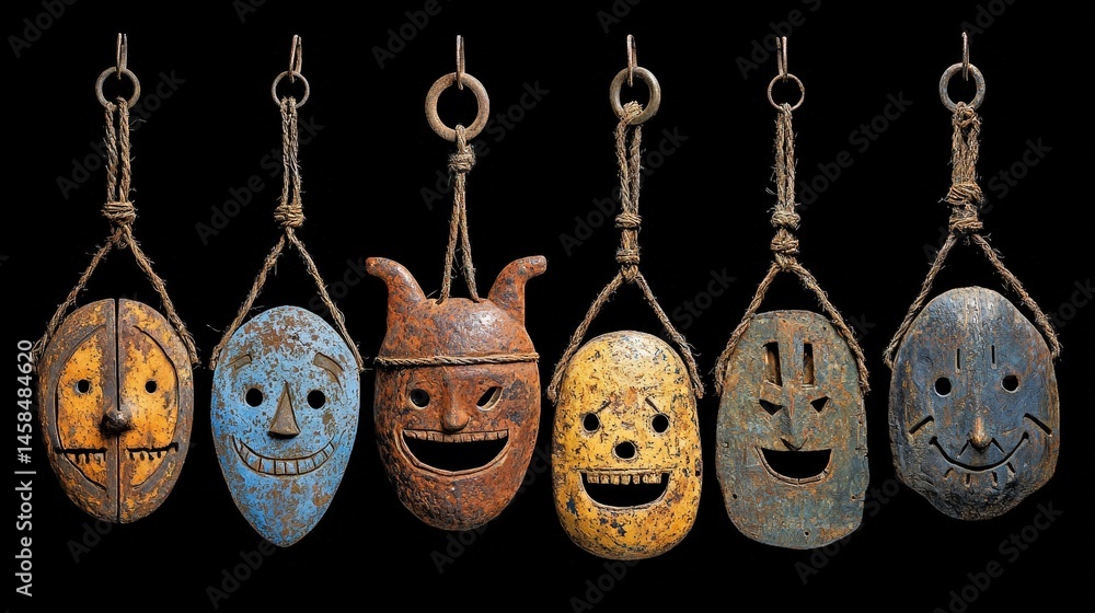 Poster five unique masks hanging from a string displaying a variety of colors and designs for art