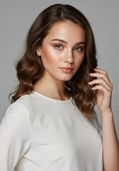 Fototapeta premium Studio Portrait of Woman With Loose Curls in White Blouse