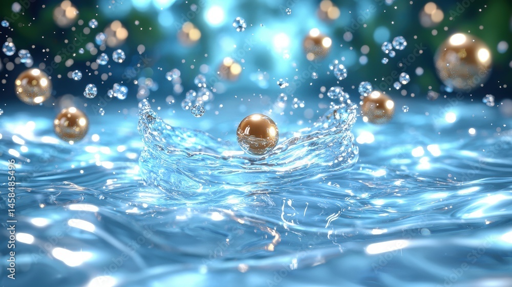 Poster stunning water drop with a golden ball floating gracefully in the water creating a unique view