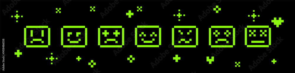 Poster emoticons line. abstract y2k inspired pixel face with different emotions. various simple characters 