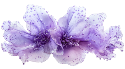 Two violet flowers with water droplets, isolated, cut out transparent
