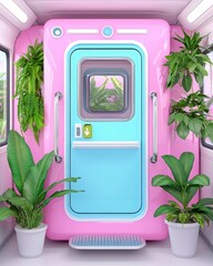 Fototapeta premium Unique pink train surrounded by lush green plants creating a vibrant and eclectic scene