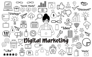 digital marketing line art icon doodle hand drawn design