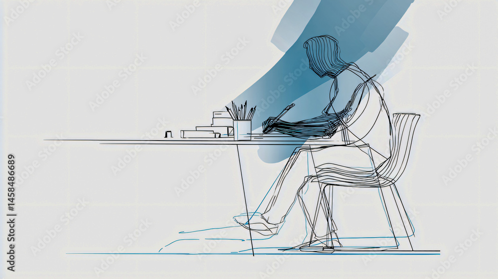 Poster minimalist line art of a designer sketching ideas in a originative workspace, perfect for visual bra