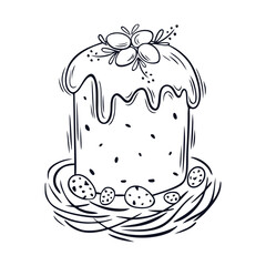 Cute Easter cake with icing in doodle style. Easter eggs with flowers. Element for poster, flyer, postcard, cover, advertising design. Vector illustration	