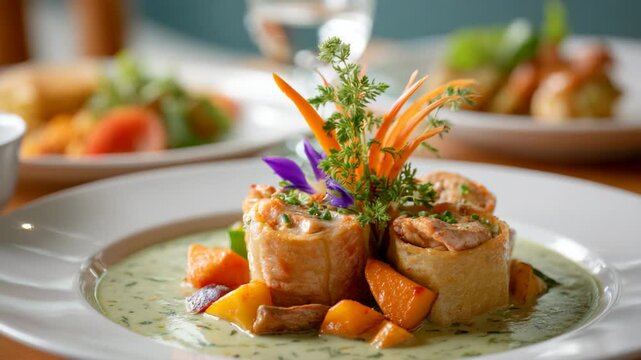 fusion Asian food dish fine dining style, spring roll in soup garnish with herb and flowers