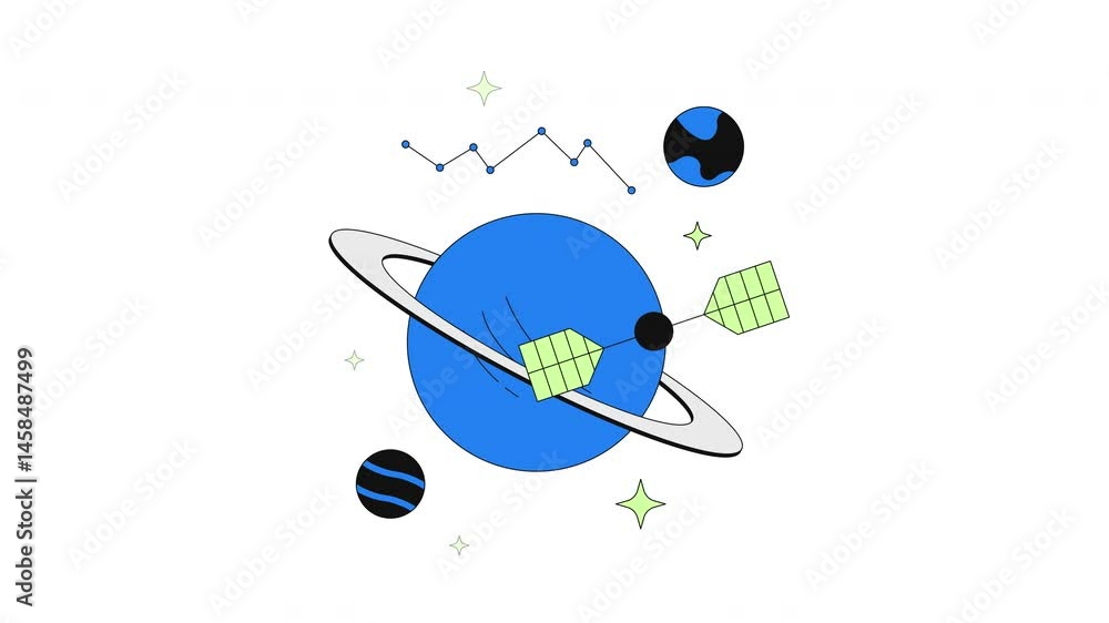 Poster space communication and data satellite 2d onboarding ui animation. planetary orbit. planet, constell
