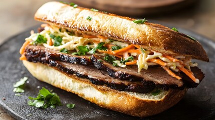 Delicious beef brisket sandwich with slaw served on crusty bread at a local diner in the afternoon sun