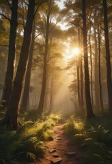 Fototapeta premium Golden hour sunlight streams through dense forest, creating a breathtaking view , sun rays, trees, environment