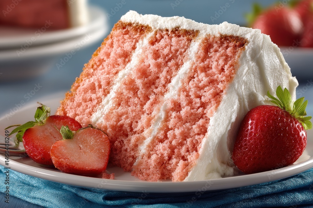 Poster sweet strawberry cake slice with fluffy frosting and fresh strawberries served on a white plate illu