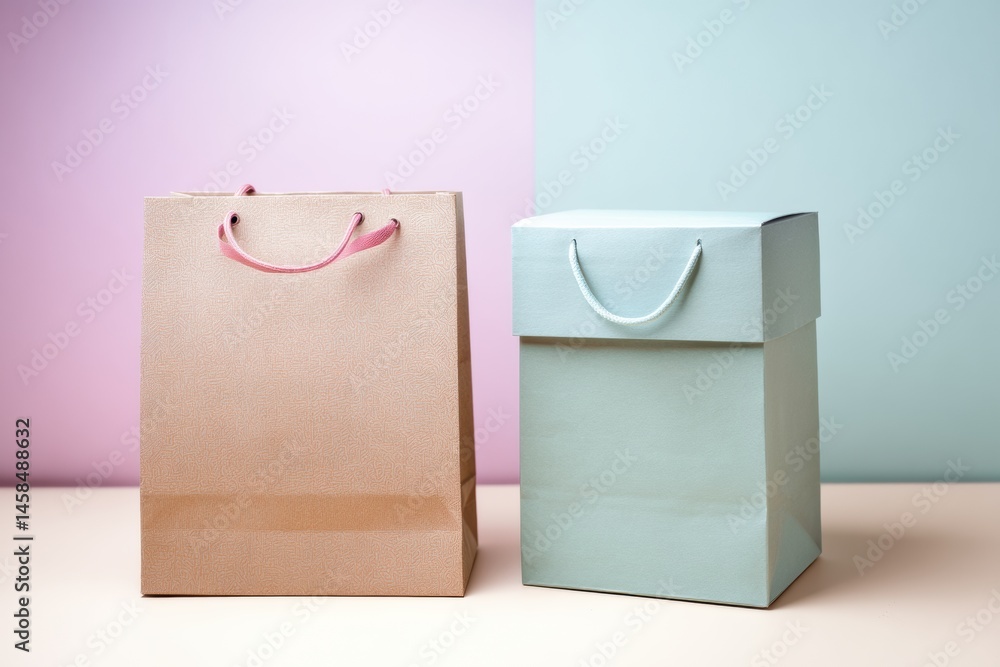 Poster shopping accessories displayed in pastel colors featuring a paper bag and a cardboard box generative