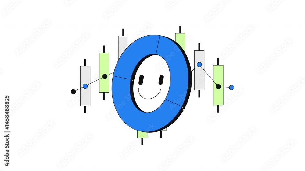 Aufkleber positive donut piechart and candlestick chart data 2d onboarding ui animation. visual metrics. happy