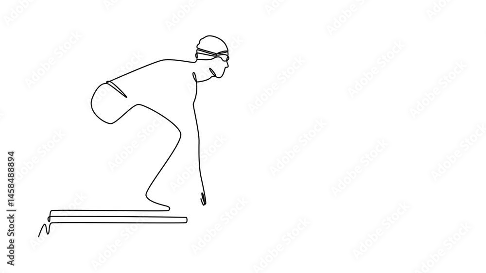Poster animated self drawing of continuous line draw professional male swimmer getting ready to jump in swi