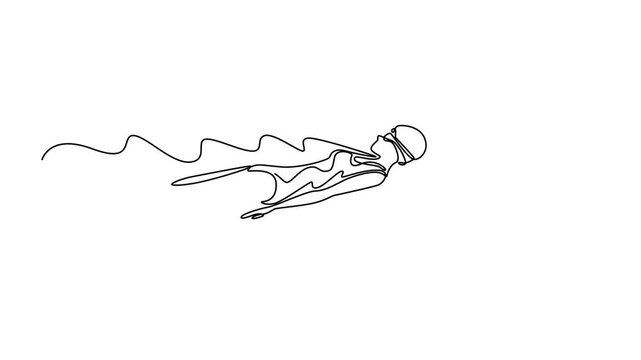Self drawing animation single line draw side view beauty sportswoman in goggles and swimsuit swimming in backstroke or back crawl style during training in pool. Continuous line. Full length animated