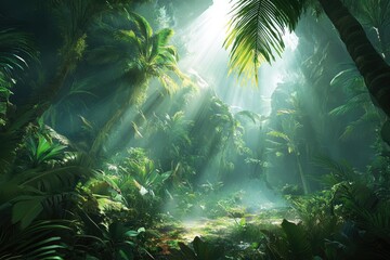 Lush jungle ravine bathed in sunlight
