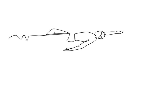 Animated self drawing continuous line draw professional male swimmer in goggles and cap swimming in backstroke or back crawl style during training in pool on sunny day. Full length one line animation