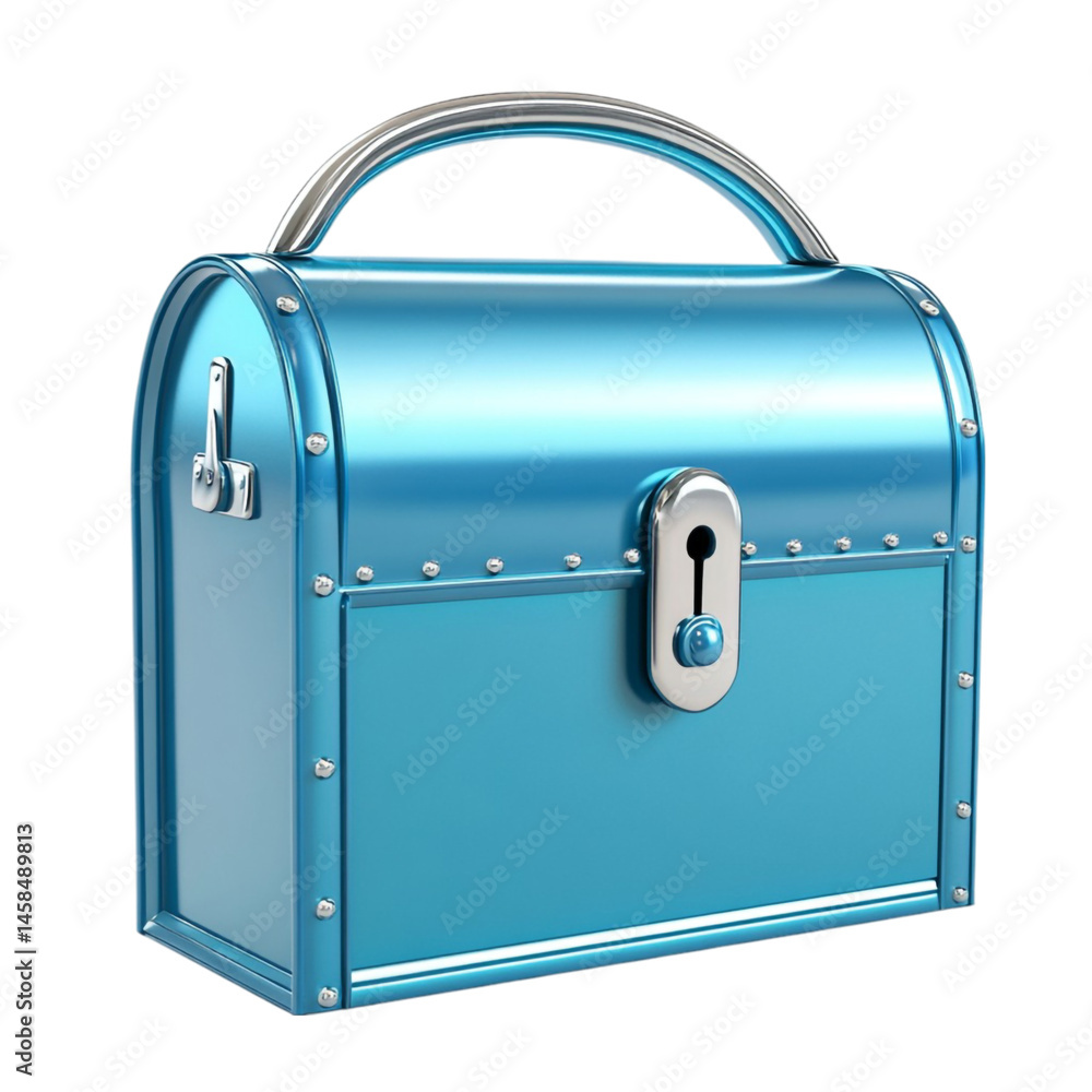Poster blue metal box with a handle and latch a secure storage container