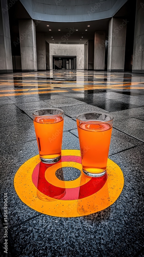 Poster two elegant glasses on a circular table surrounded by a soft focus background for a sophisticated lo