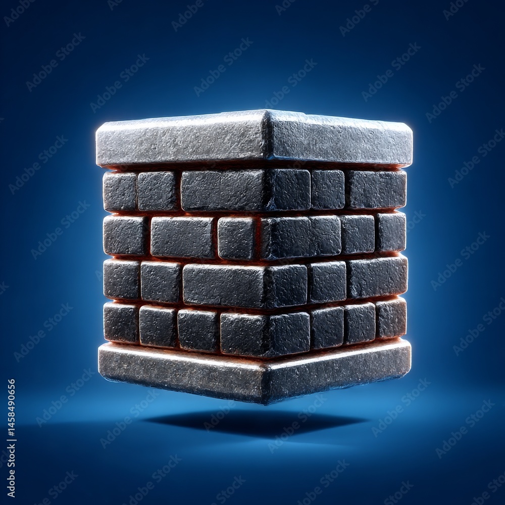 Poster glowing brick cube: a 3d rendered stack of textured gray blocks with orange highlights on a dark blu