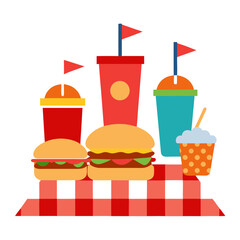 Picnic Scene with Burgers, Hotdogs, and Festive Items for Outdoor Events