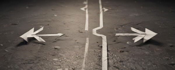 Two paper arrows, opposing directions, crossroads concept,  paper,  present