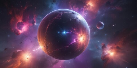 Fototapeta premium Floating sphere, vibrant nebula colors, dark space, mysterious, background, colors