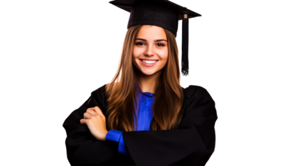 Smiling graduate wearing cap and gown, crossed arms, cut out transparent