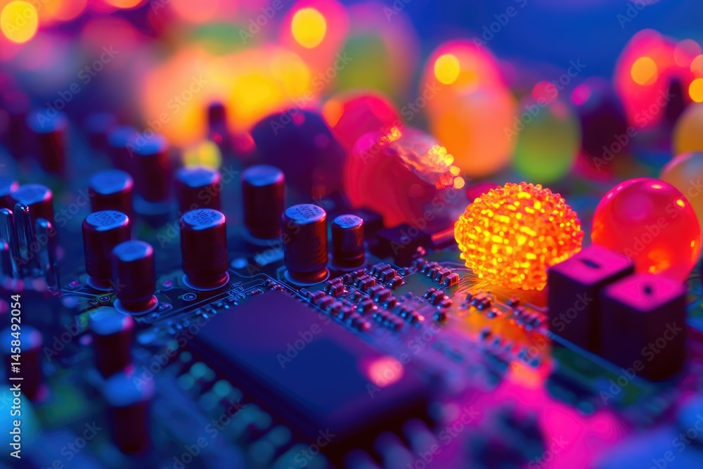Poster close-up vibrant image of circuit board components illuminated with colorful lights.