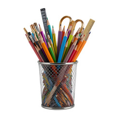 A cup filled with colorful pens, pencils, scissors, and a ruler isolated on solid white.