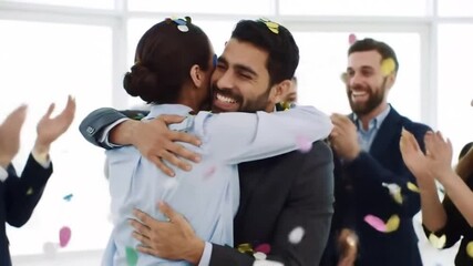 Happy, business people and hug with applause for award, winning or congratulations in teamwork at office. Excited group of employees clapping with smile for bonus, success or promotion at workplace