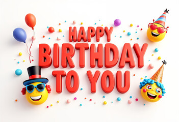 Emojis happy birthday clipart background. Happy birthday greeting text with funny and smiling emoji face characters for wishes party design. Vector illustration emoticons invitation card clip art.