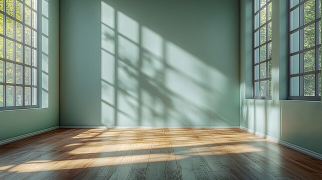 Empty room with pale green walls, wood floor, sunlight streaming through multi-paned windows and casting shadows