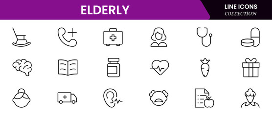 Elderly icon set. elderly care, pension, vision loss, and more. line icon style. old age element vector illustration