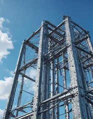 Tall metal structure with insulators against blue sky, overhead line, power infrastructure, sky