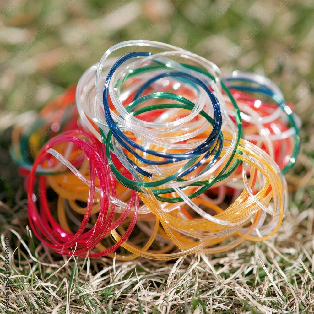 Aufkleber brightly colored plastic rings piled together creating a fun and playful visual display of color